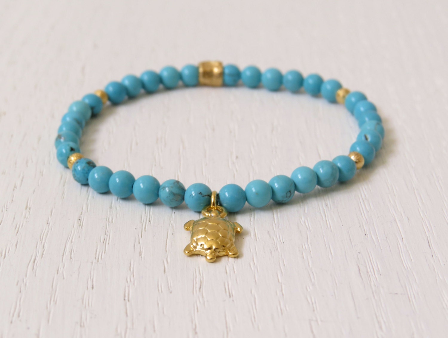 Turtle bracelet Gold turquoise bracelet Stretch by SarittDesigns