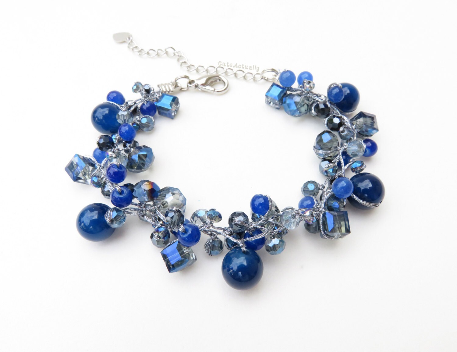 Navy blue crystal bracelet with stone on silk thread chunky