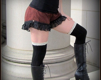 Steampunk Ruffle Shorts ~ Lolita Bloomers black lace ~ Brown or Red Stripes ~ Pirate Mori Girl ~ Victorian Vintage Steampunk Cosplay