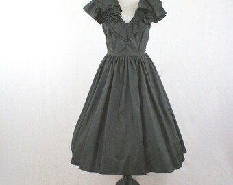 1980's Black Ruffled Neck Full Skirt Dress LBD