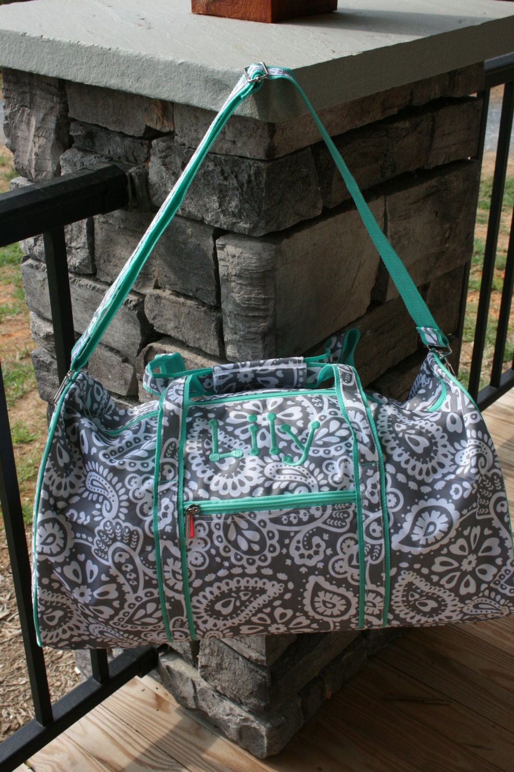Girls Monogrammed Duffel Bag Gray Paisley Mint by DoubleBMonograms