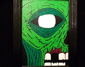Original OOAK Acrylic Zombie Painting on 5X7 Canvas Panel with Black Farme