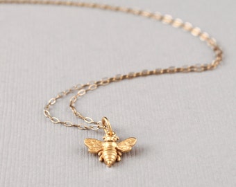 Little Gold Bee Necklace, Bumble Bee, Honeybee, 14k Gold Bee, Silver Bee Jewelry, Dainty Mom Jewelry, Charm Necklace, Mother's Necklace, Mom