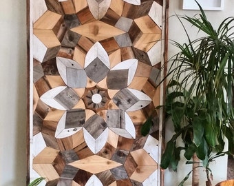 Large handcrafted geometric reclaimed wood wall art, headboard, or table top