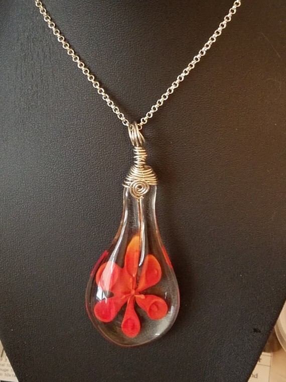 NECKLACE Blown Glass Orange Flower with Silver Wire Wrapped