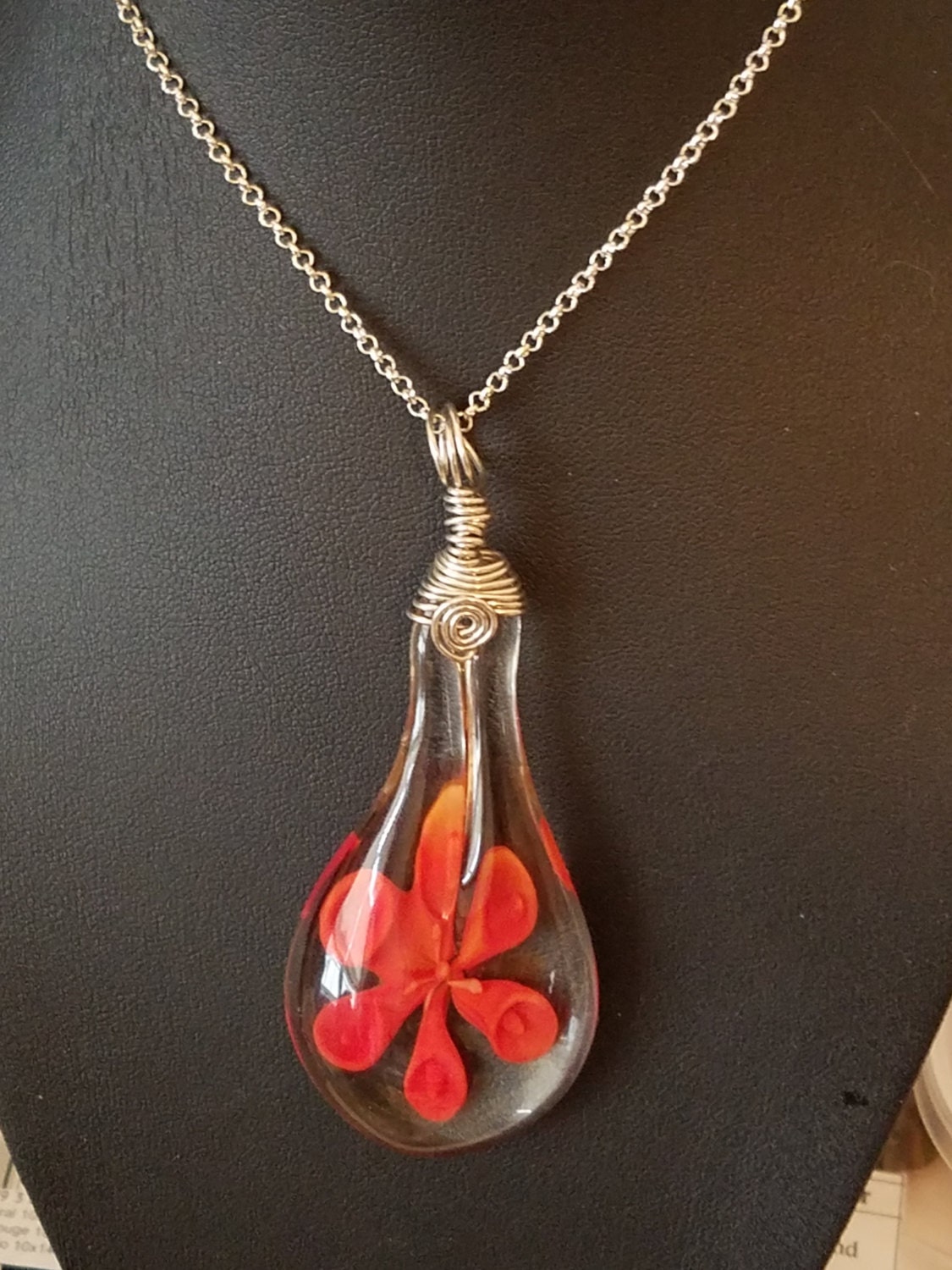 NECKLACE Blown Glass Orange Flower with Silver Wire Wrapped