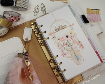 Planner DASHBOARD, A5, Personal, Half-Letter: Gold Foiled "Dare To Dream" & Watercolor Dreamcatcher/Feathers/Arrows/Florals, 5-mil Laminated