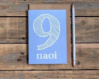 naoi - 9 card, nine years old, as gaeilge birthday card, made in Ireland, Irish language, childs birthday card in Irish