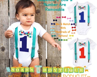 Teal Blue Red Baby Boy First Birthday Outfit - Birthday Shirt - Cute First Birthday Outfits for Boys - Bow Tie and Suspenders - I'm One -1st