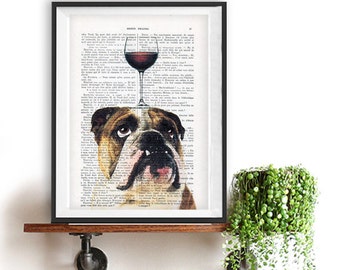 English Bulldog Print, Bulldog with wine glass, French design, black and white,bulldog poster Art Print on recycled french book page