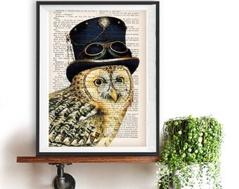 Fantasy Owl Print, Owl Artwork, Owl with a Hat, Owl with Spectacles, Steampunk, Gift for Men, Office Art, Wall Art Prints, Wall Decor