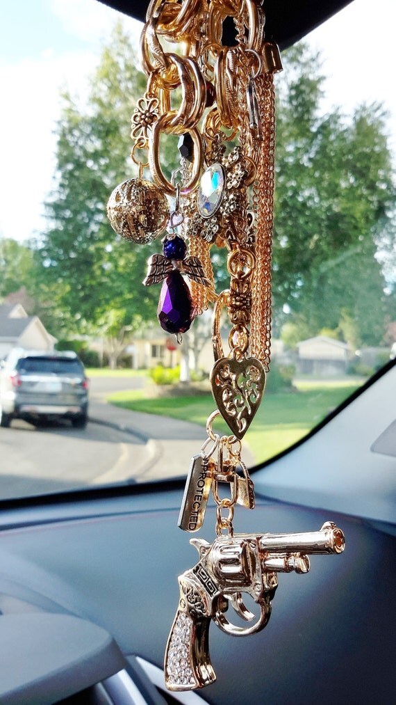 GIRLS with GUNS rear view mirror dangle Gold details on