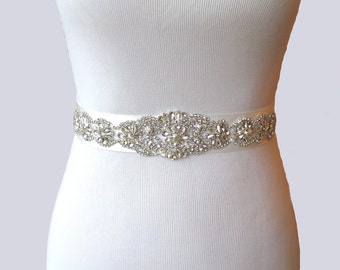 Wedding Sash, Crystal Rhinestone Bridal Belt, Satin Ribbon Dress Sash, Beaded Bridal Belt, Jeweled Satin Wedding Gown Sash, 35 Satin Colors