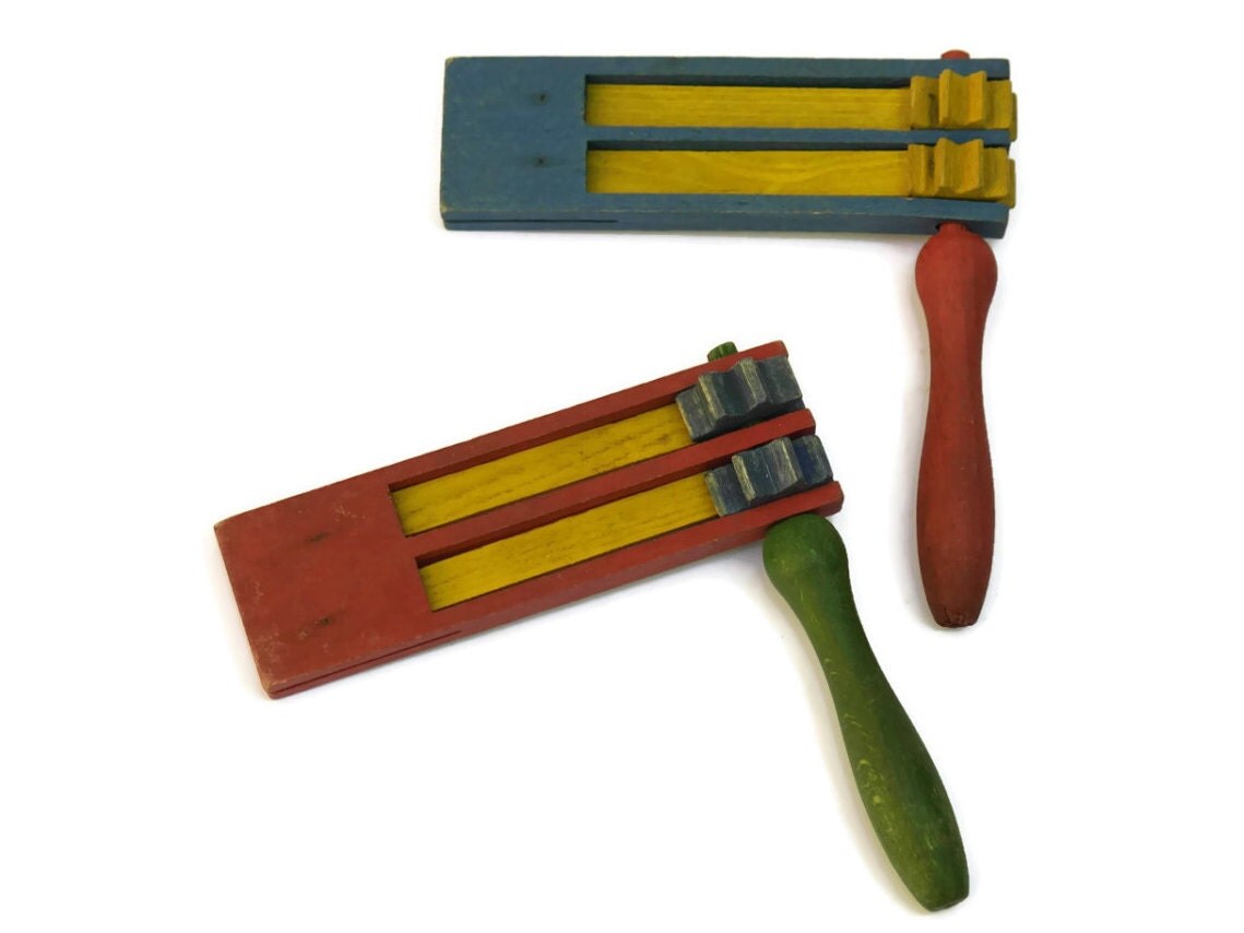 Wooden Noisemaker Rattle. Pair of Ratchet Noisemakers. Spinning Gregor