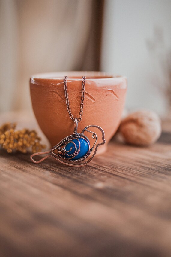 Bird necklace copper jewelry wire wrapped pendant