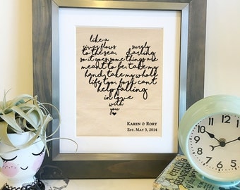 SALE Personalized Heart Shaped Lyrics | Choose your lyrics | Wedding Song Lyrics Print | Cotton 2nd Anniversary gift | Frame not included