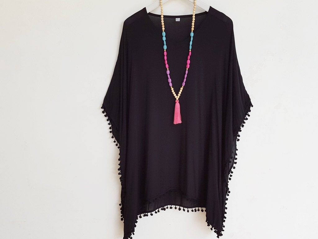 Black beach cover up kaftan dress with black pom by Brightnewpenny