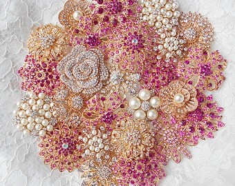 DIY Pink Brooch Bouquet Kit - 25 Rose Gold Brooch lot, Pearl, Handmade DIY Wedding, Wedding Supplies, Fushia broach, Craft Supplies