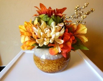 Round Ceramic Vase-Floral Arrangement-Fall-Flowers-Mums-Fall Leaves-Sunflowers-Gift For Her-Thinking of You-Birthday-Housewarming-