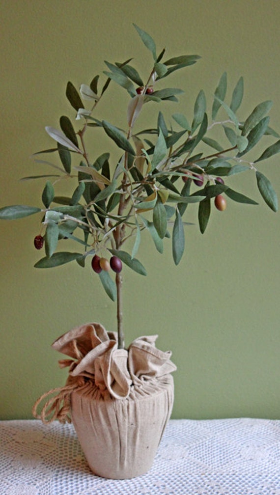 Rustic Olive Tree Home Decor. Silk Tree with Olives in Pot