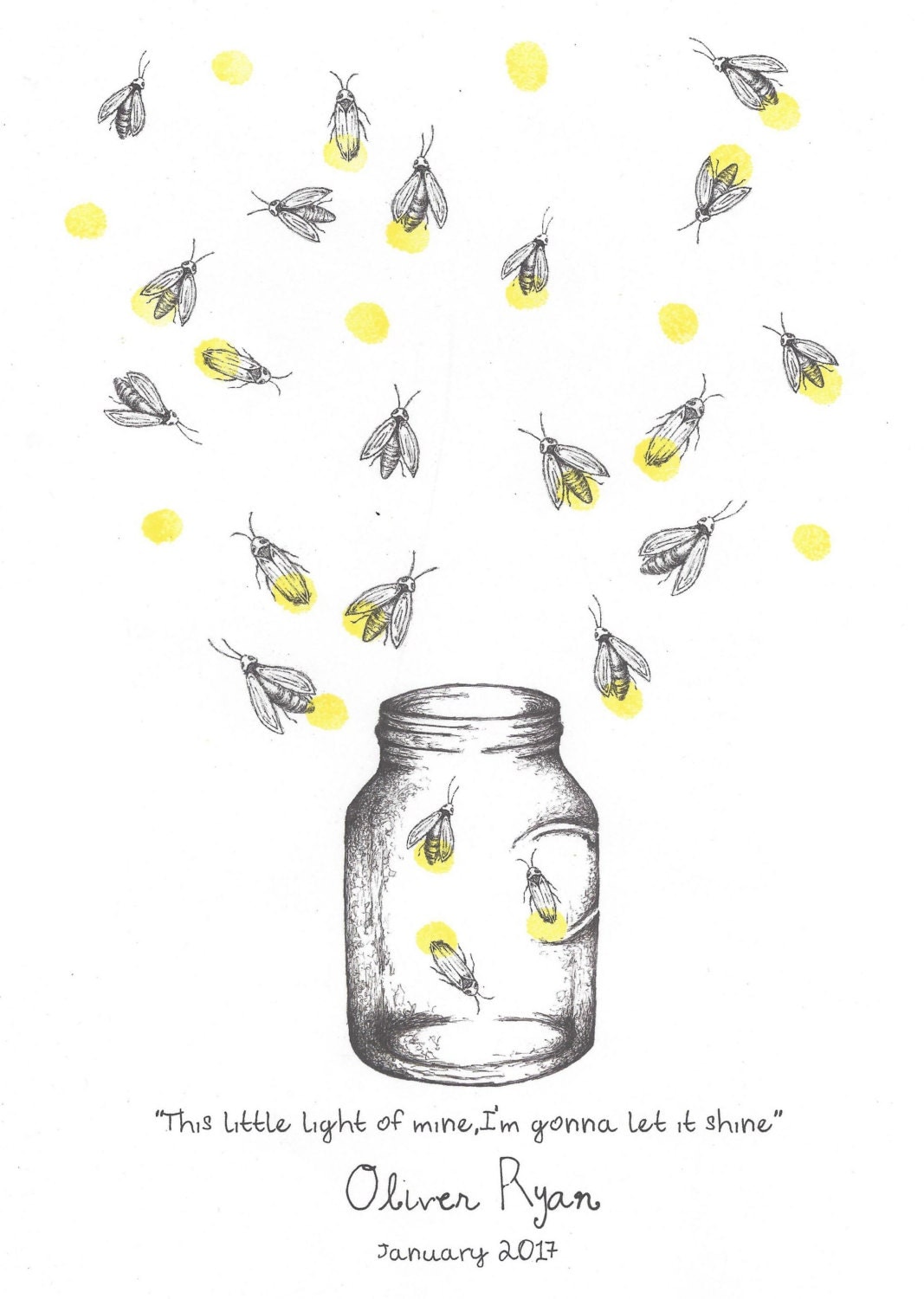 Mason Jar with Fireflies Fingerprint Print Wall Art