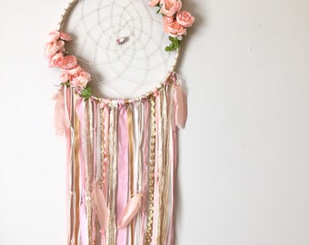 Dream catcher, Boho chic dreamcatchers, Bohemian Dreamcatcher, Peachy Pink Flowers, Nursery Boho Decor, Feminine Dreamcatcher, 5 Sizes