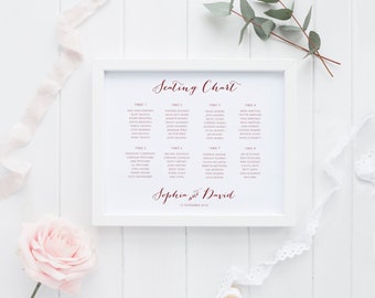 Maroon Wedding Seating Chart Template, Wedding Seating Plan, Seating Chart Wedding, Guest Seating Chart, Seating Sign, SKU: WFK