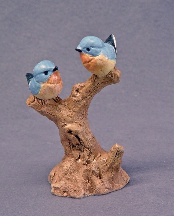 Handmade Ceramic Blue Love Birds on a Tree Bird Sculpture
