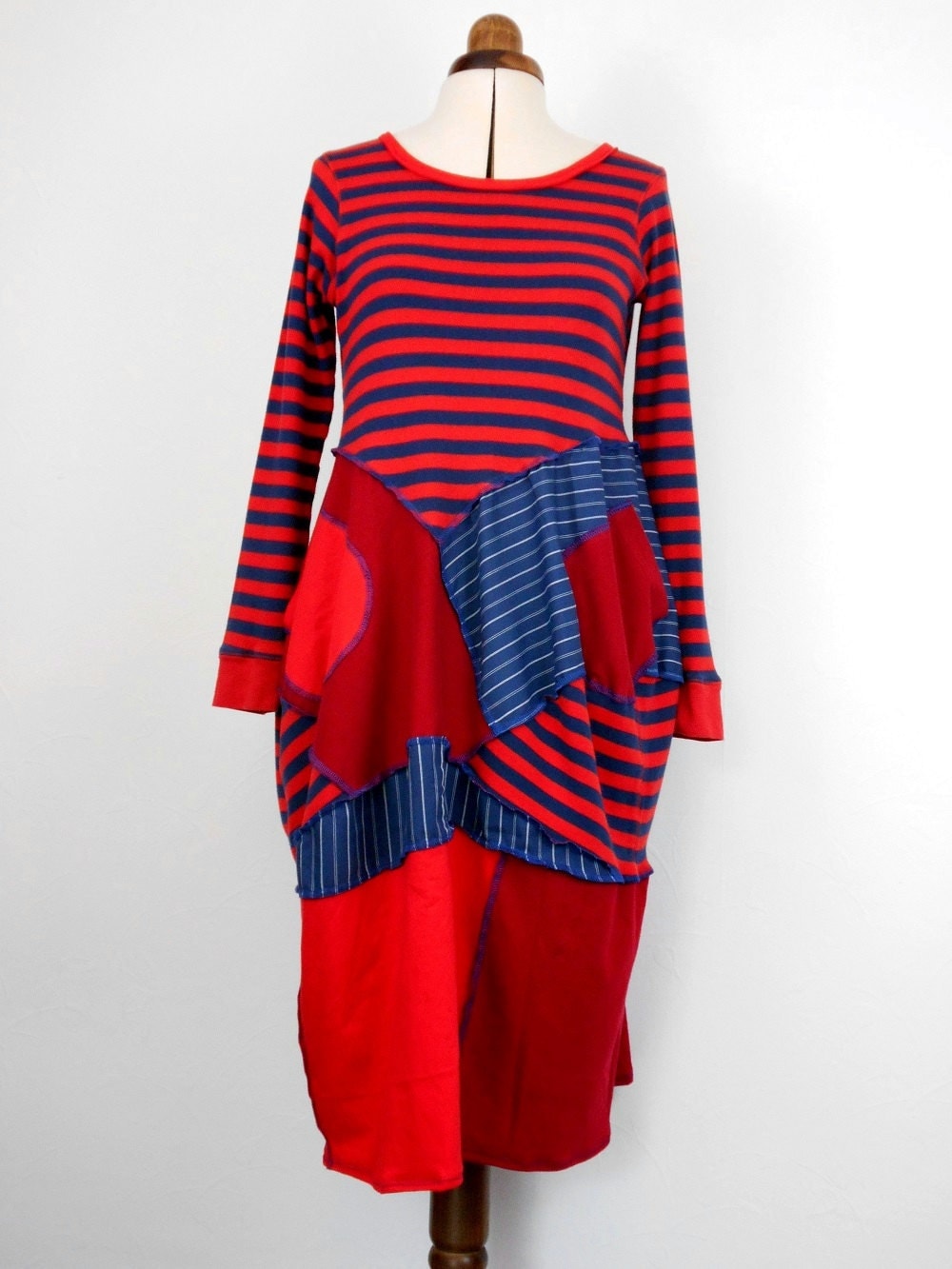 Upcycled Red and Blue Striped Teeshirt Dress / Recycled