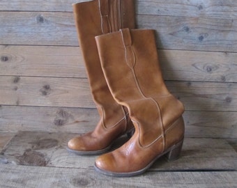 Vintage 70s Made in USA bohemian tan leather riding campus Boots Women 6.5 N