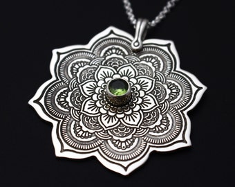 Sterling Silver Mandala Pendant Necklace, Statement Necklace, Birthstone Necklace, Spiritual Jewelry, Buddhist Jewelry