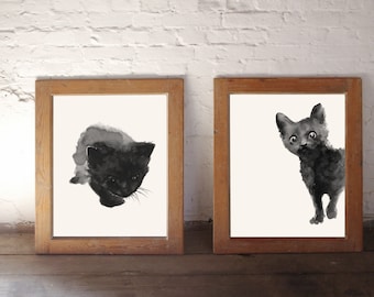 Black Cat Print Set 2 Watercolor Paintings, Two Black Kitten Kitty Home Decor