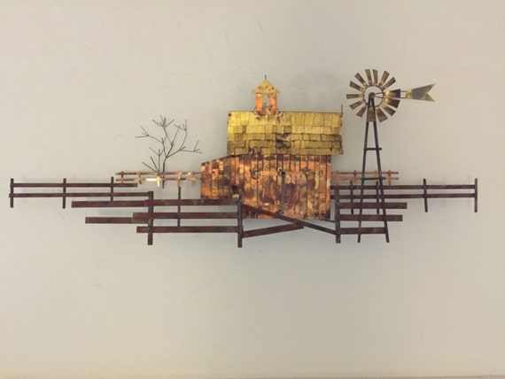 Signed C. Jere Farm Metal Wall Sculpture with Windmill Signed C Jere Farm Metal Wall Sculpture with Windmill