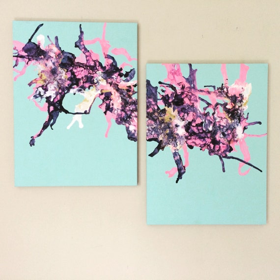 XL Pink Blue Art Abstract Painting Navy Pink Art Original