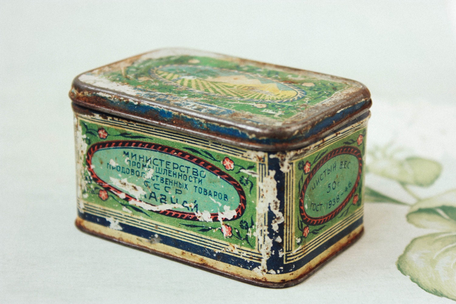 Antique Tea Tin Box / Rare Soviet Ukrainian Rustic Small