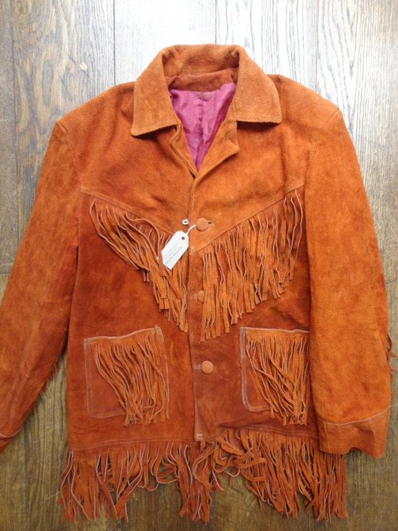 Vintage 1960s 1970s rust red brown suede leather tassel jacket