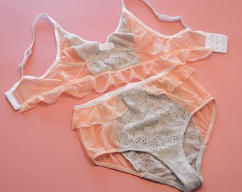 Ruffled knickers, coral and beige lace, lingerie natural ton, sheer coral mesh, highwaisted panties sheer sides, crochet lace, peplum
