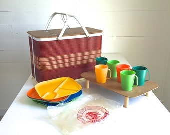 Vintage Redmon Picnic Basket Large Red and White Weave Metal Handles Rainbow Table Plates Cups for 6 Redman