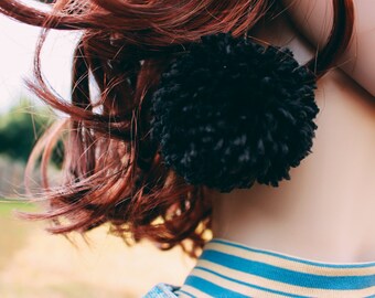 Pom Pom Earrings, Fluffy Earrings, Black Pom Pom Earrings, Black Earrings, Dangle Earrings, Fuzzy Earrings