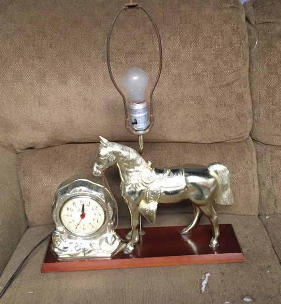 Antique Western Saddle Horse Clock and Lamp Antique Cast Brass