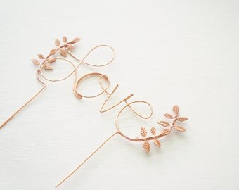 Rose gold love wedding cake topper, Cursive love rose gold cake topper, Leaf cake topper, Rustic chic wedding, Woodland, Calligraphy topper