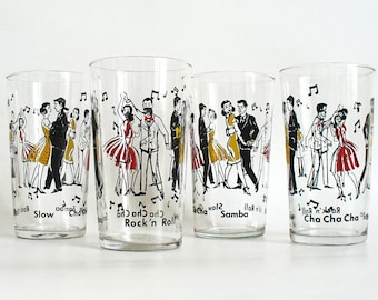 Mid century style glasses with couples dancing samba, cha cha, rock n roll and slow