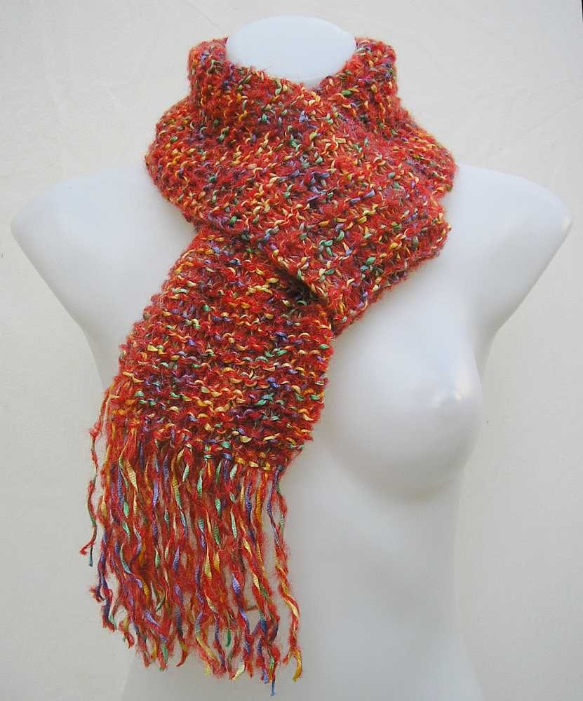 Red ribbon scarf reclaimed yarn knitted scarf red scarf