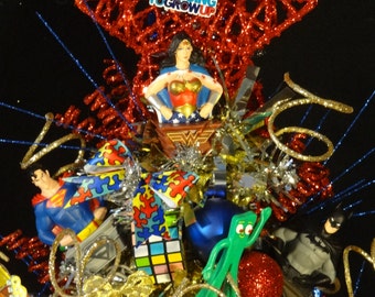 1950s Baby Boomer Lighted Christmas Tree,Retro 1960s Tree,1950s Christmas Decoration,Elvis,Batman,Superman,Wonder Women,Baby Boomer Toy