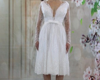 Little dress knee length V neckline long sleeves wedding dress, beach wedding dress