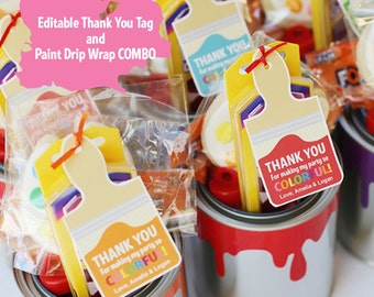 Editable Art Party Thank You Tags and Paint Dripping Can Wrap Template COMBO | Paint Can Party Favor | Instant Download | seevanessacraft