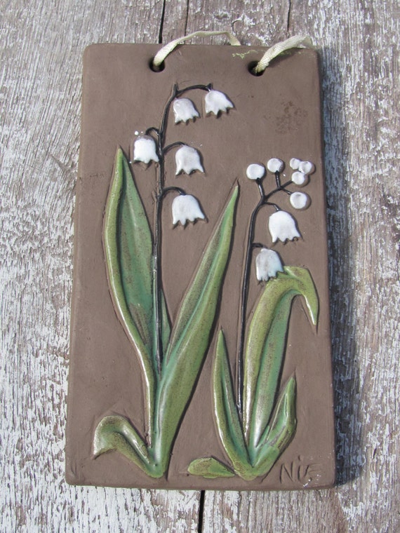 Swedish Vintage Ceramic Wall Plaque Relief Tile with Lilies of
