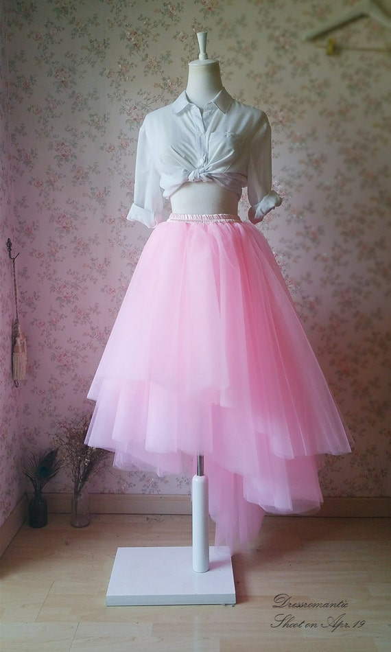Irregular Light Pink Tulle Skirt Elastic Long by Dressromantic