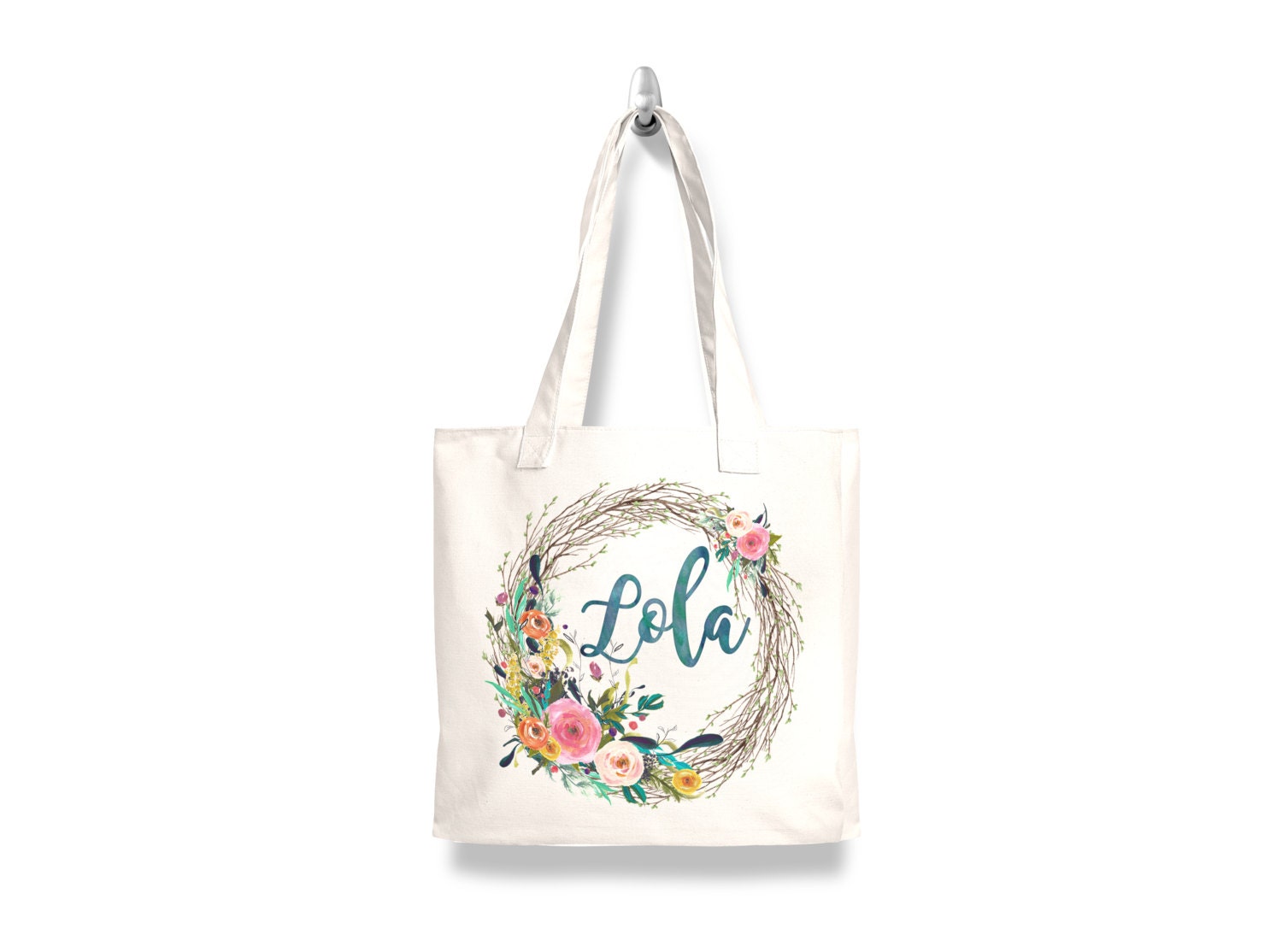 Floral name tote, personalized canvas bag, elegant rustic wedding, floral monogram, bridesmaid gift, summer wedding, 100% Cotton Canvas