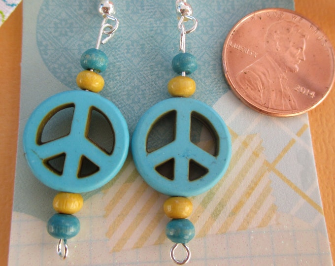 Peace sign earrings-hippie jewelry-turquoise blue and yellow-kids Clip on earrings-Teen dangles-Gifts for tween-womens bohemian gifts-silver